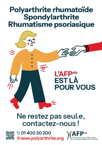 Affiche institutionnelle de l'AFPric, représentant une main tendue vers les malades atteints de polyarthrite, de spondyloarthrite ou de rhumatisme psoriasique
