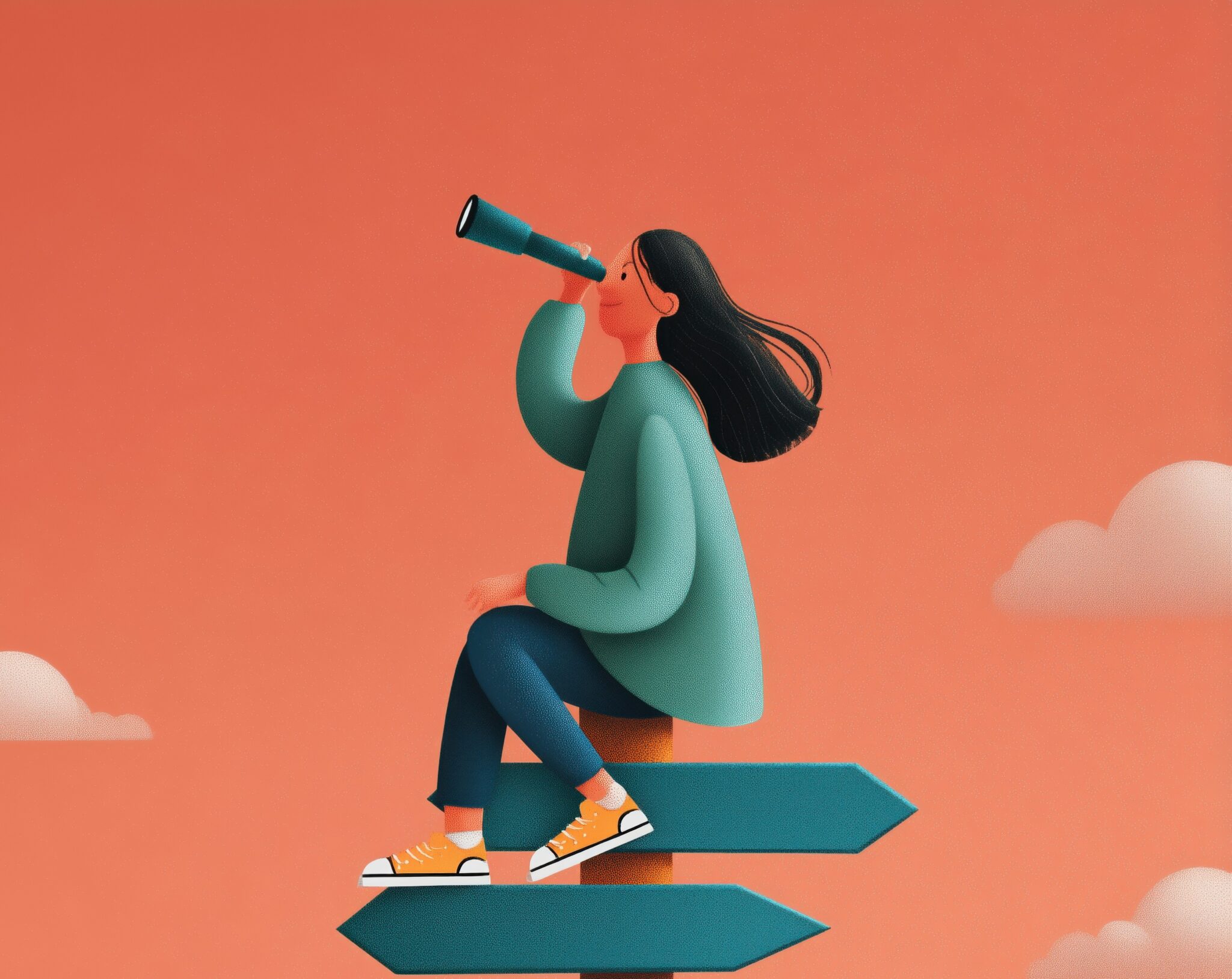 Femme assise sur des flèches et regardant dans une longue vue pour illustrer la brochure comprendre ses droits pour mieux se soigner