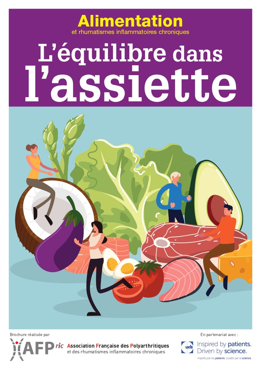 Couverture de la brochure sur l'alimentation dans la polyarthrite, la spondylarthrite, le rhumatisme psoriasique, "L'équilibre dans l'assiette", par l'AFPric