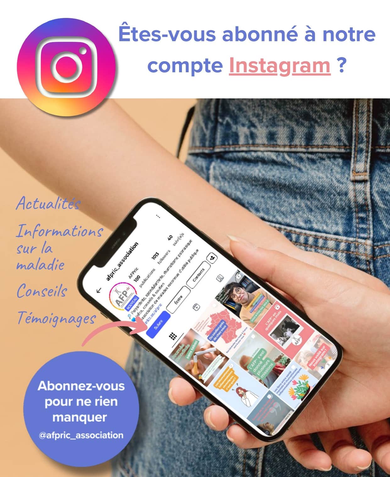 Image promouvant le compte Instagram de l'AFPric, dédié à la polyarthrite, la spondylarthrite, le rhumatisme psoriasique