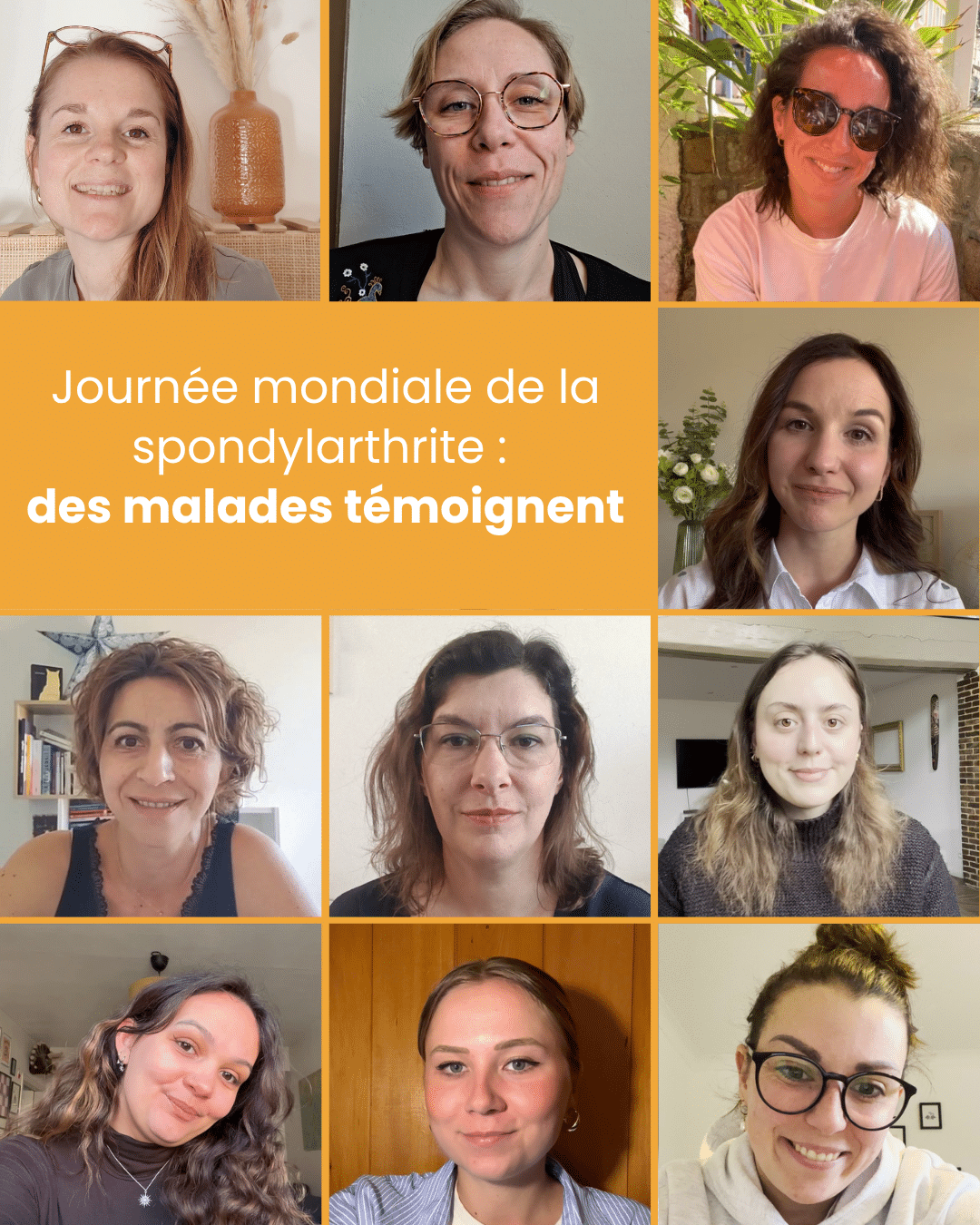 Mosaïques de photos de personnes atteintes de spondylarthrite, qui témoignent à propos de la maladie